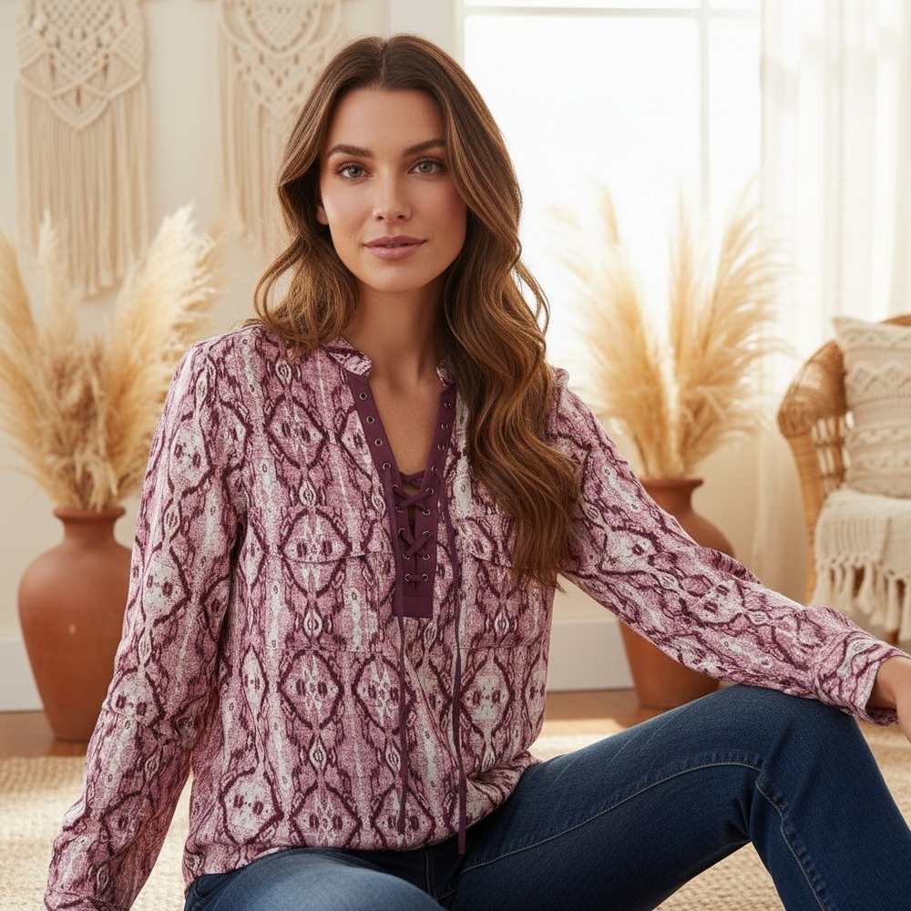 NEW Rock & Republic M Top Purple Lace Up Rayon Tunic Boho Hippie Festival Retro